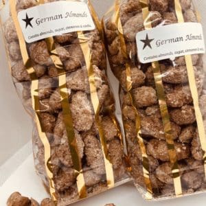 German Almonds in a clear bag with gold foil on the edges